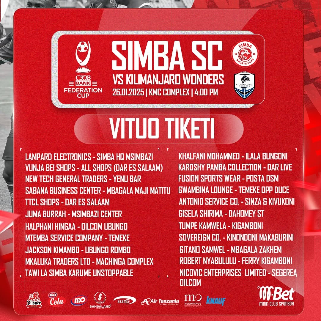 Vituo vya Kununulia Tiketi Simba vs Kilimanjaro Wonders 26 January 2025